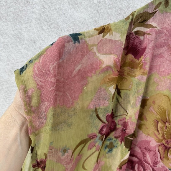 Azura Kimono Blouse Womens One Size Green Pink Floral Pullover Chiffon Cover Up - Picture 6 of 9